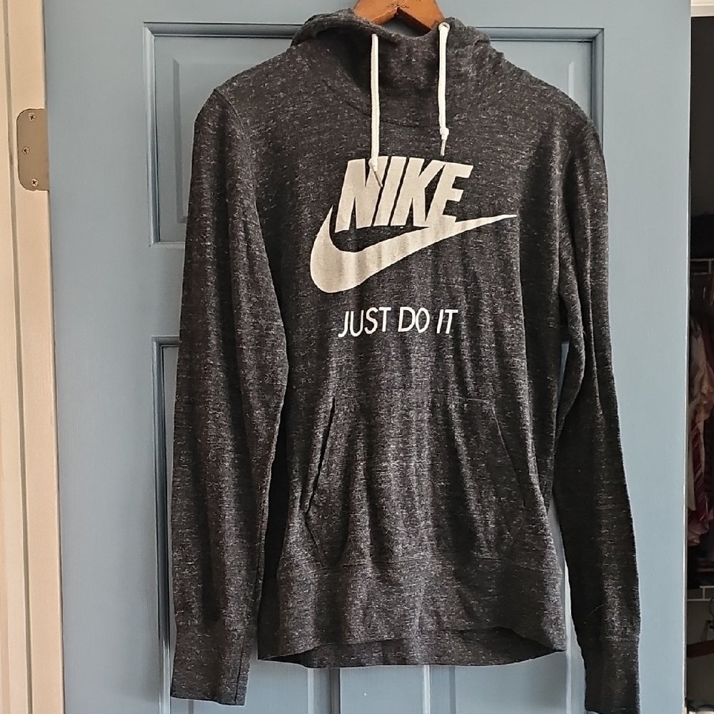 Nike Hoodie Shirt Kids Charcoal White Logo Large Long Sleeve Youth